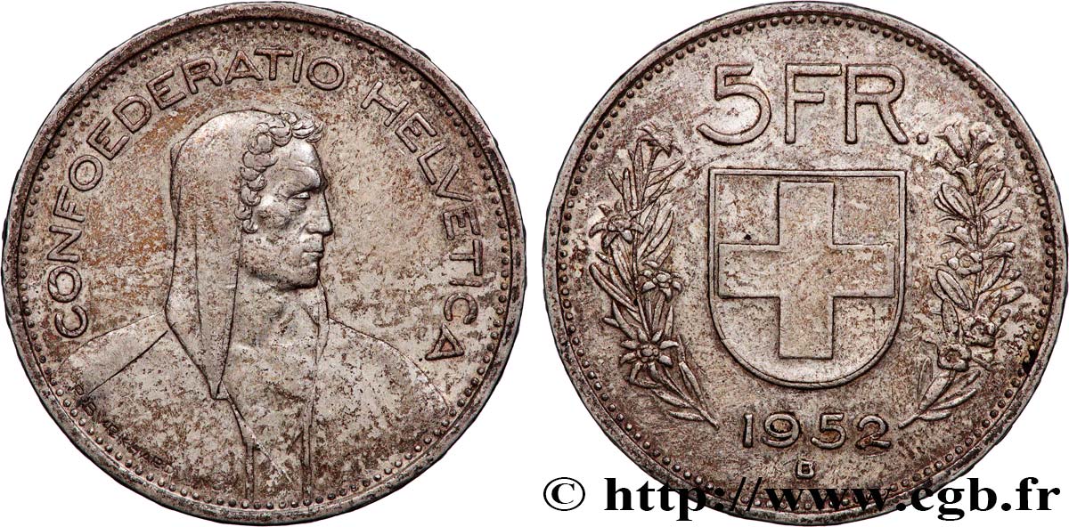 SUISSE 5 Francs Berger des alpes / bouclier suisse 1952 Berne - B TTB 
