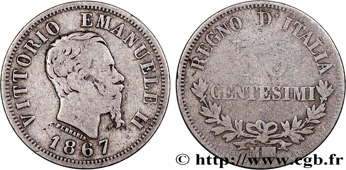 ITALIA 50 Centesimi Victor Emmanuel II 1867 Milan MB 