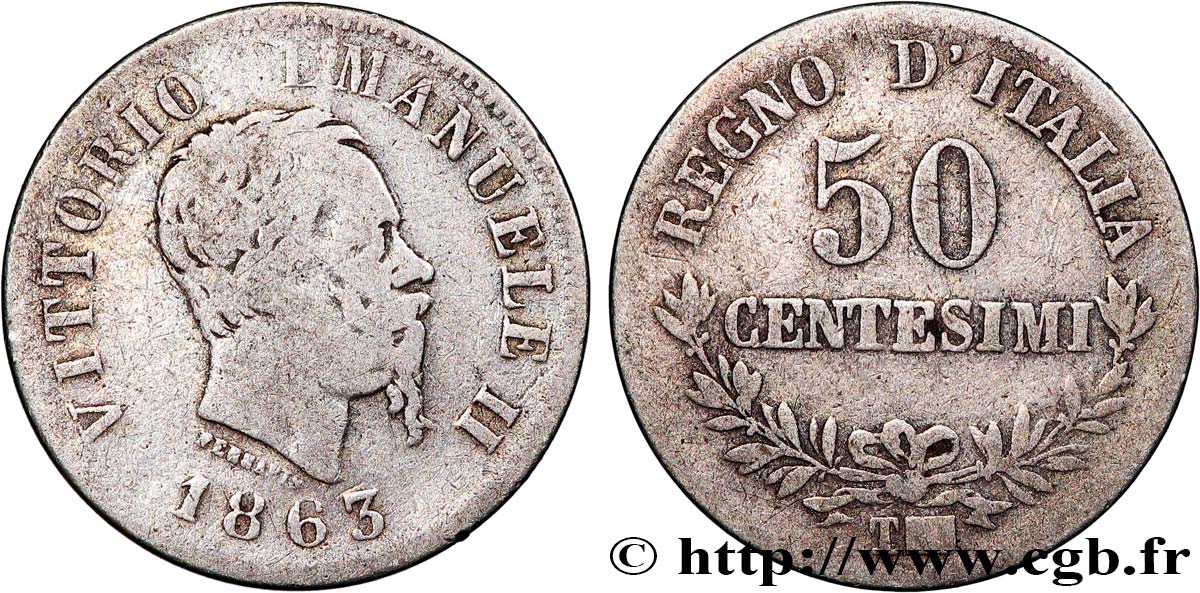 ITALIE - ROYAUME D&nbsp;ITALIE - VICTOR-EMMANUEL II 50 Centesimi 1863 Turin TB 