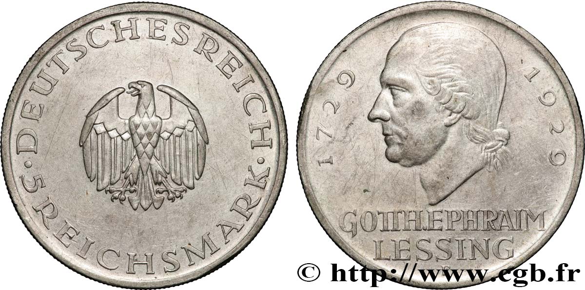 DEUTSCHLAND 5 Reichsmark Gotthold Ephraim Lessing 1929 Stuttgart fVZ 