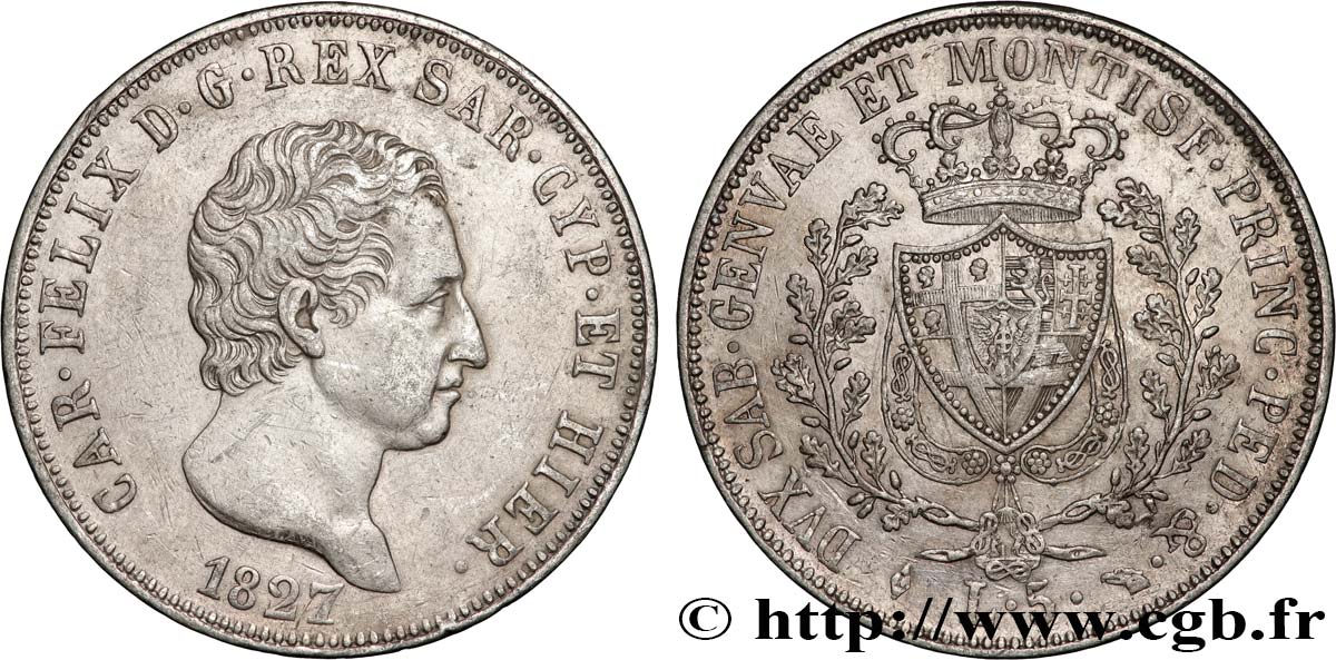 ITALIA - REGNO DE SARDINIA - CARLO FELICE 5 Lire 1827 Turin q.SPL 