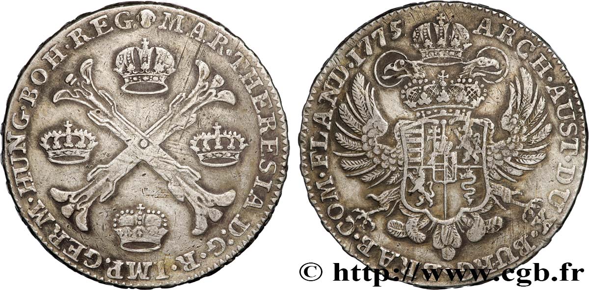 BELGIUM - AUSTRIAN NETHERLANDS 1 Kronenthaler Pays-Bas Autrichiens frappe au nom de Marie-Thérèse / armes 1775 Bruxelles XF 