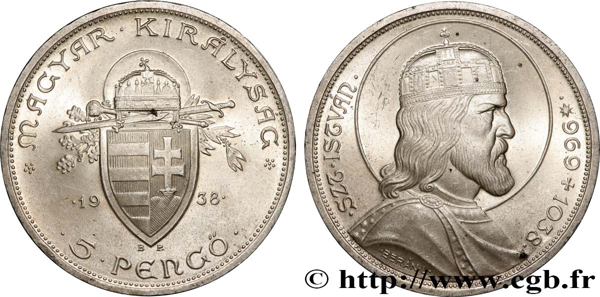 HUNGARY 5 Pengo 900e anniversaire de la mort de St Stephan 1938 Budapest AU 