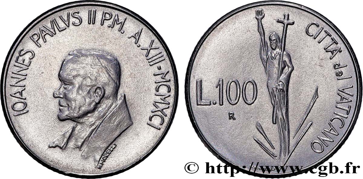 VATICAN ET ÉTATS PONTIFICAUX 100 Lire Jean Paul II an XIII / résurrection du Christ 1991  SPL 