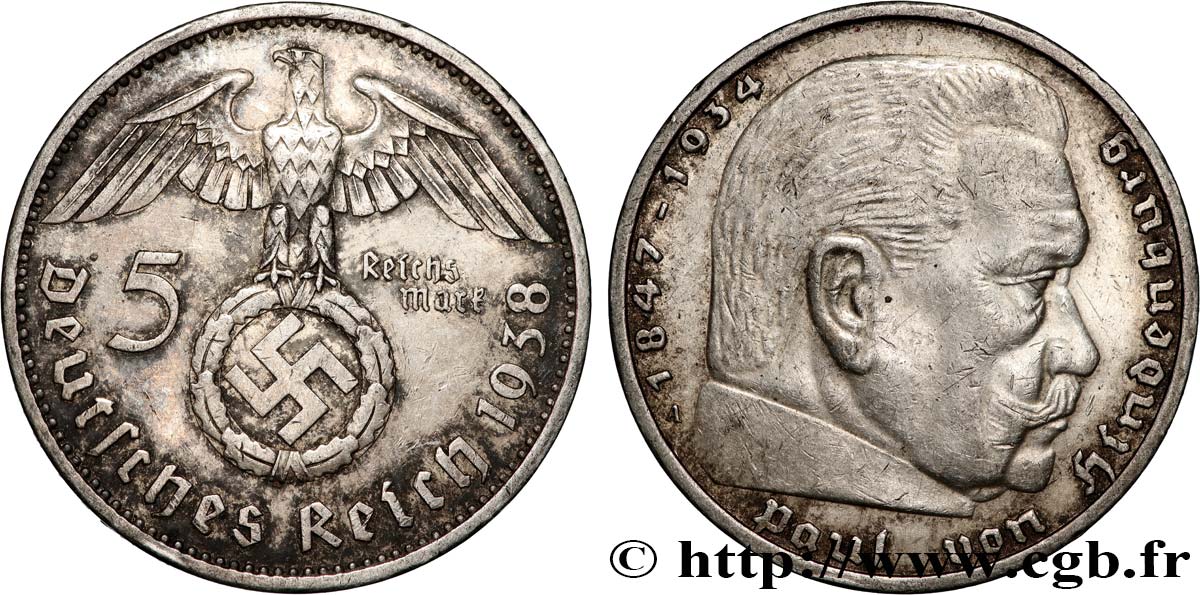 ALLEMAGNE 5 Reichsmark Maréchal Paul von Hindenburg 1938 Berlin TTB+ 