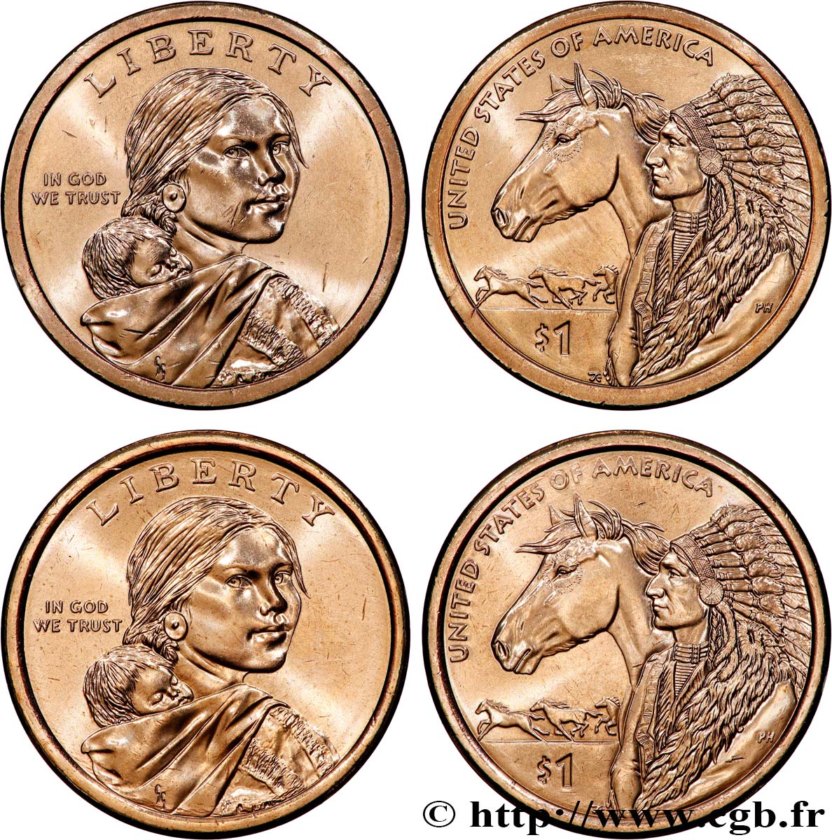 ÉTATS-UNIS D AMÉRIQUE Lot de deux monnaies de 1 Dollar Sacagawea 2012 Philadelphie+Denver SPL 