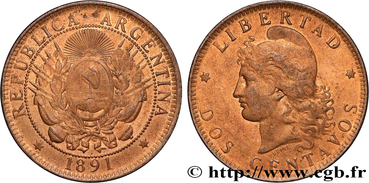 ARGENTINA 2 Centavos emblème / “Liberté” 1891  MBC 