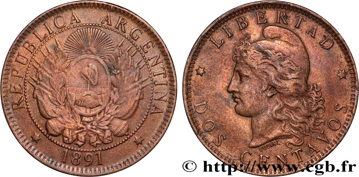 ARGENTINE 2 Centavos emblème / “Liberté” 1891  TTB 