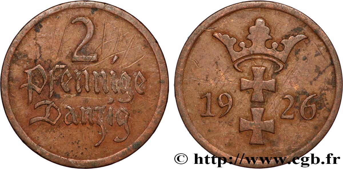 DANZIG (Free City of) 2 Pfennige 1926 Berlin XF 