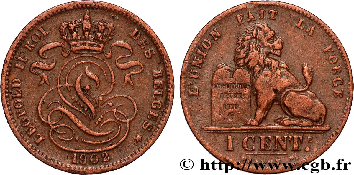 BELGIUM 1 Centime Léopold II légende française 1902  XF 
