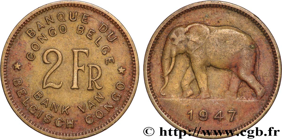 BELGA CONGO 2 Francs éléphant 1947  MBC 