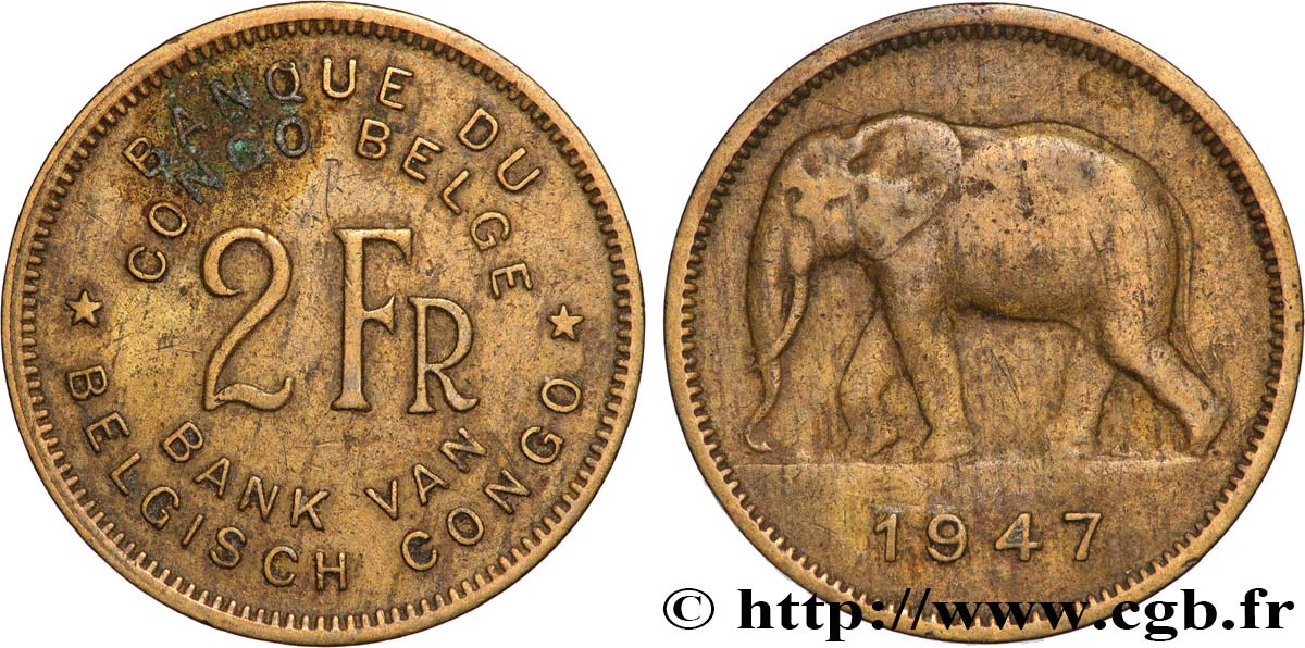 CONGO BELGE 2 Francs éléphant 1947  TTB 