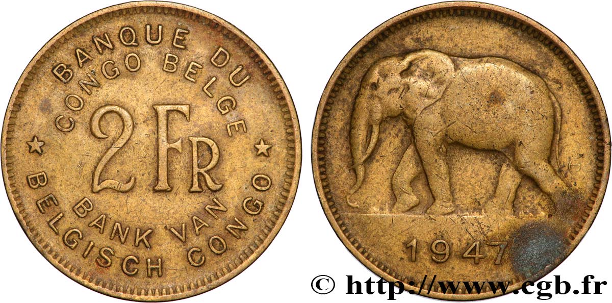 CONGO BELGA 2 Francs éléphant 1947  BB 