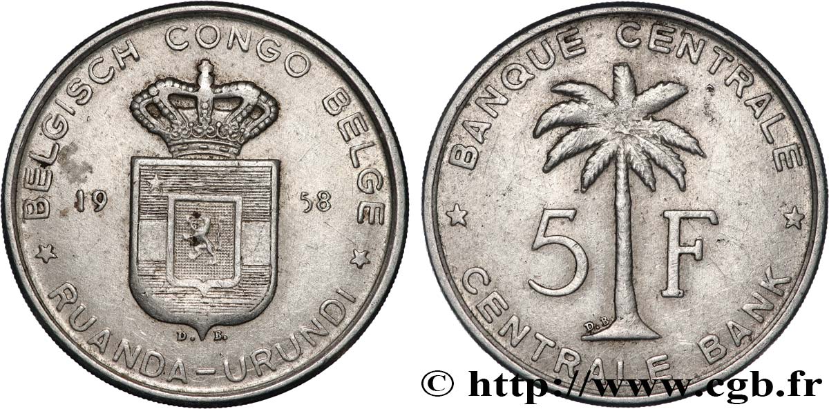 BELGIAN CONGO 5 Francs Banque Centrale Congo Belge-Ruanda-Urundi 1958  XF 