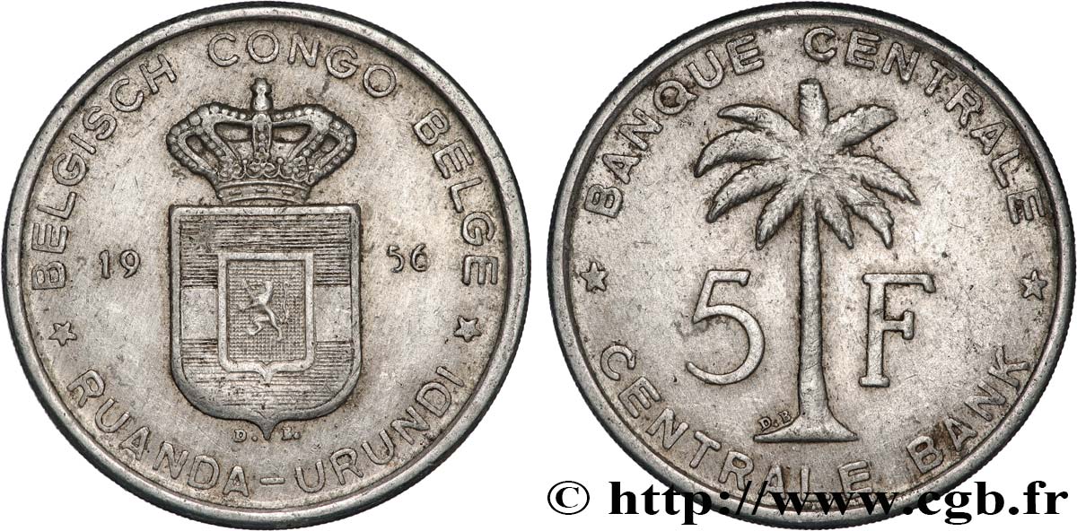 BELGIAN CONGO 5 Francs Banque Centrale Congo Belge-Ruanda-Urundi 1956  XF 