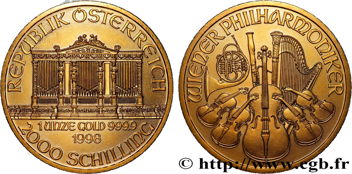 INVESTMENT GOLD 1 Oz - 2000 Schilling LE PHILARMONIQUE DE VIENNE 1998 Vienne SC 