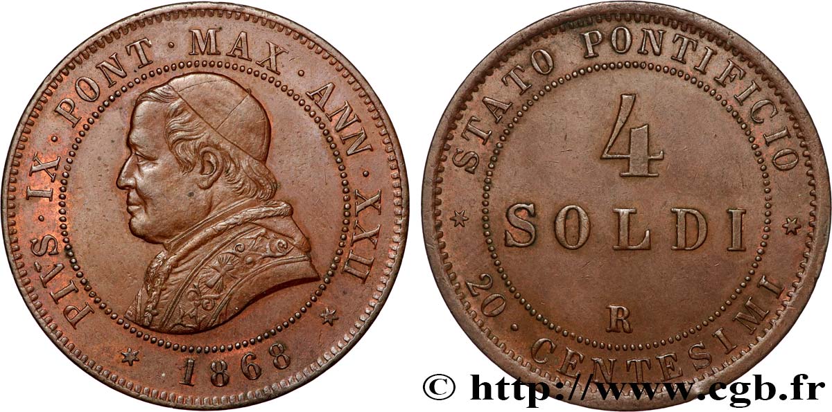 VATICANO E STATO PONTIFICIO 4 Soldi (20 Centesimi) 1868 Rome BB 