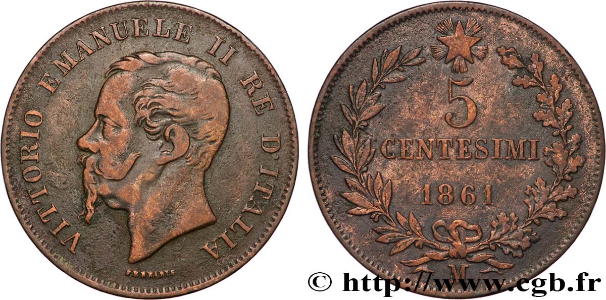 ITALIE 5 Centesimi Victor Emmanuel II 1861 Milan TB+ 