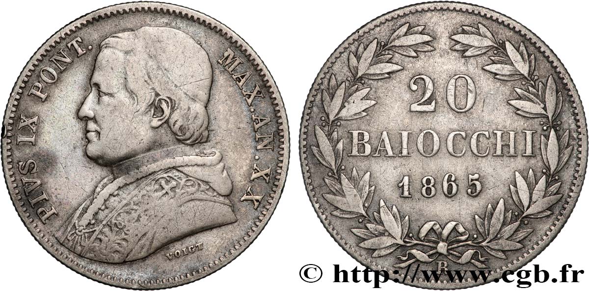 ITALIE - ÉTATS DU PAPE - PIE IX (Jean-Marie Mastai Ferretti) 20 Baiocchi an XX 1865 Rome TB+ 