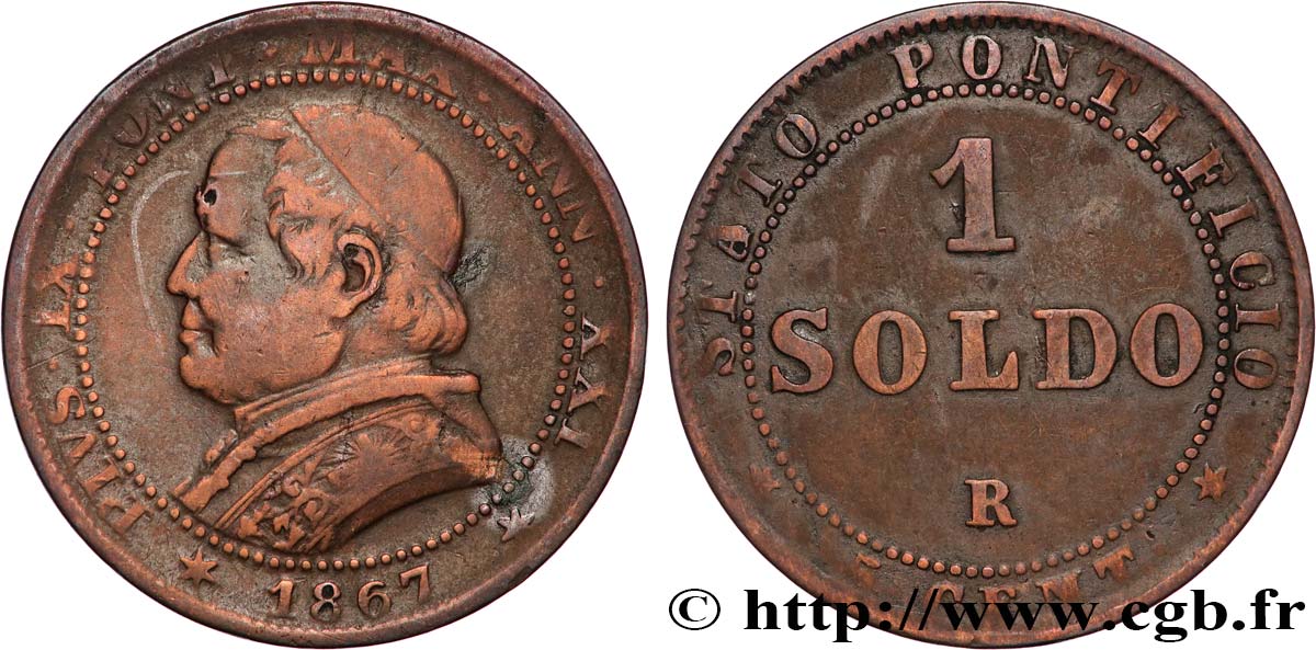 VATICAN AND PAPAL STATES 1 Soldo Pie IX an XXI buste large 1867 Rome VF 