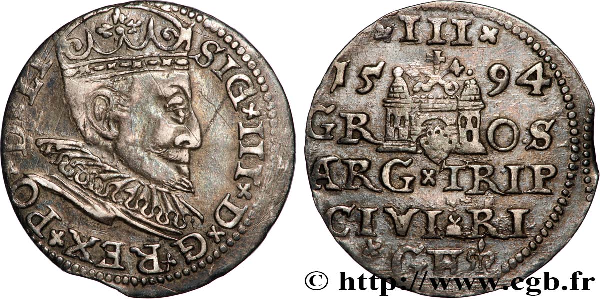 POLOGNE - ROYAUME DE POLOGNE - SIGISMOND III VASA 3 Groschen 1594 Riga TTB 