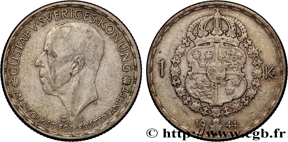 SWEDEN 1 Krona Gustave V 1944  VF 