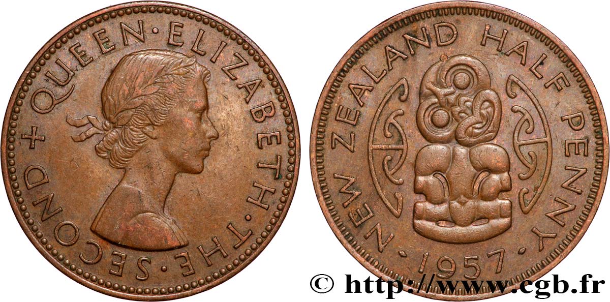 NOUVELLE-ZÉLANDE 1/2 Penny Elisabeth II 1957 Londres TTB+ 