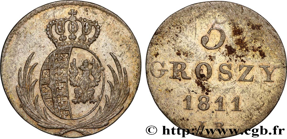 POLAND 5 Groszy Grand Duché de Varsovie, armes de Saxe et de Pologne IB 1811 Varsovie VF 