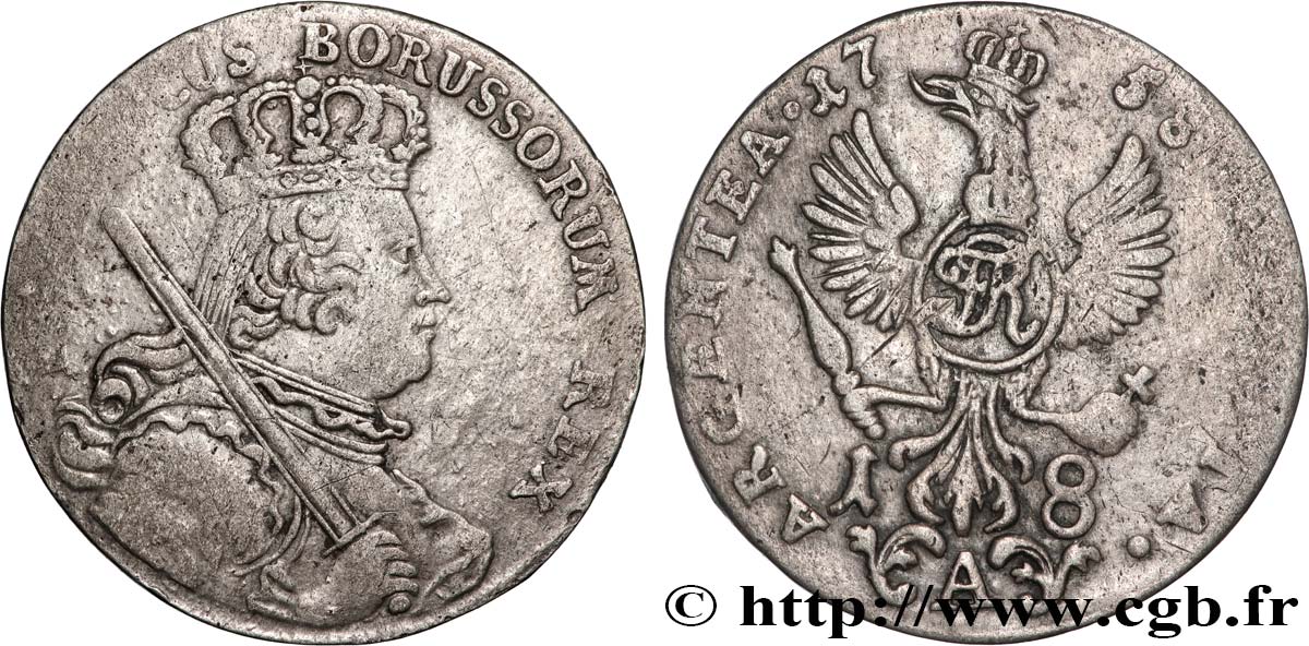 GERMANY - KINGDOM OF PRUSSIA - FREDERICK II THE GREAT 18 Kreuzer  1758 Königsberg VF 