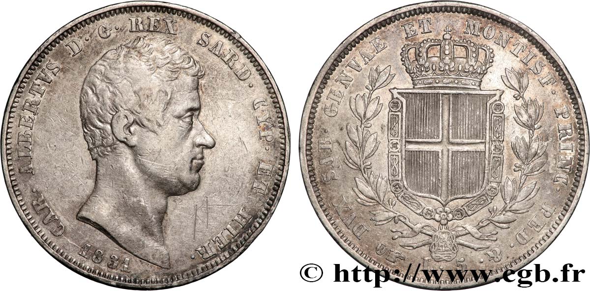 ITALY - KINGDOM OF SARDINIA - CHARLES-ALBERT 5 Lire  1831 Turin VF 