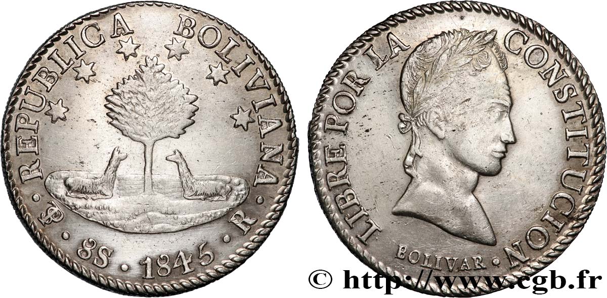 BOLIVIA 8 Soles Simon Bolivar 1845 Potosi SPL 