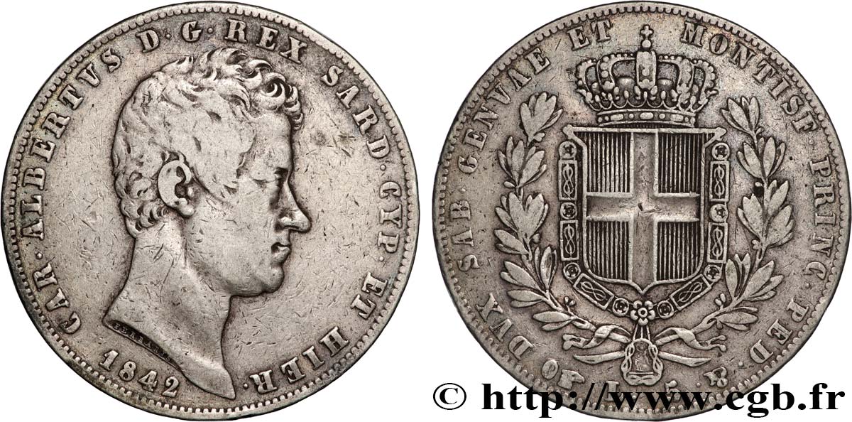 ITALIA - REINO DE CERDEÑA  - CARLO ALBERTO 5 Lire  1842 Turin BC+ 