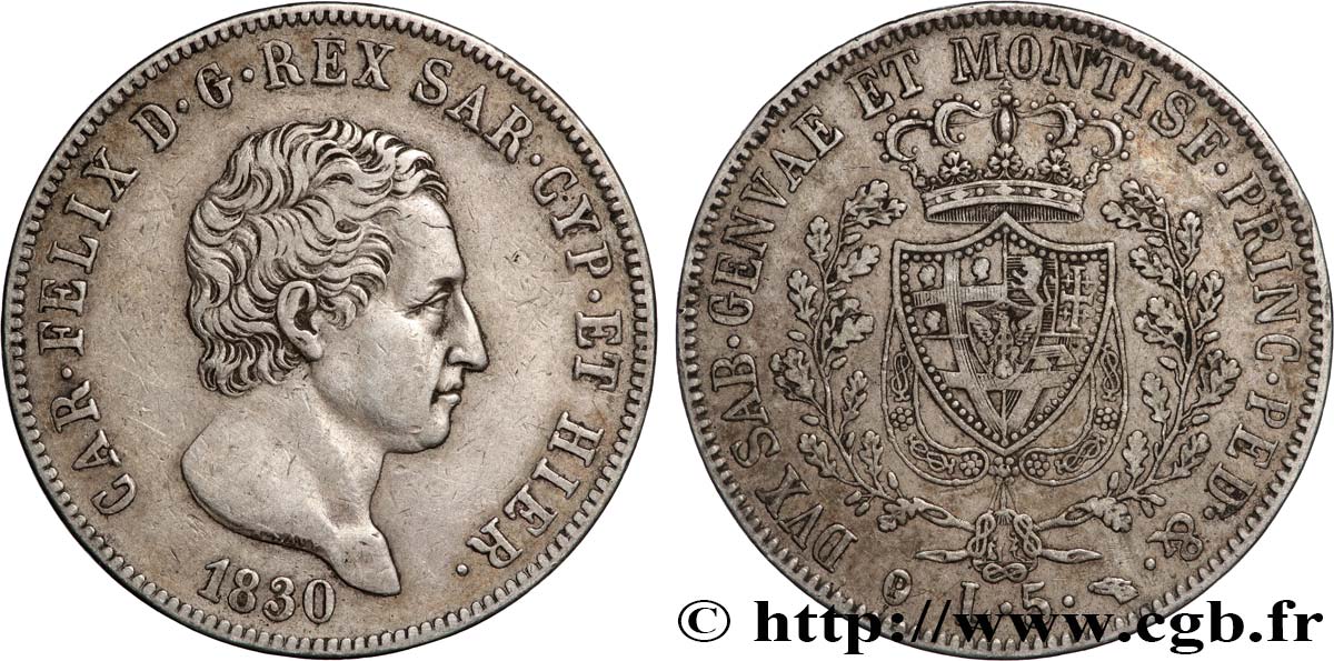 ITALIA - REGNO DE SARDINIA - CARLO FELICE 5 Lire  1830 Turin BB 