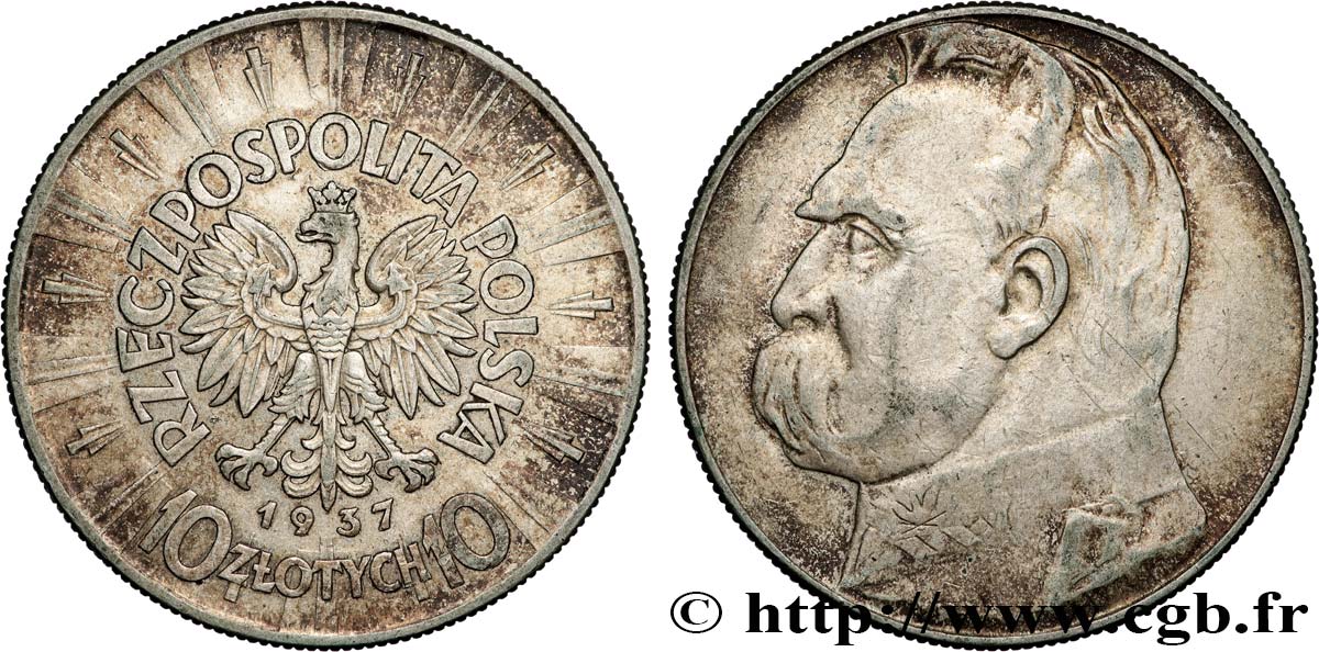 POLOGNE 10 Zlotych Maréchal Pilsudski 1937 Varsovie TB+ 