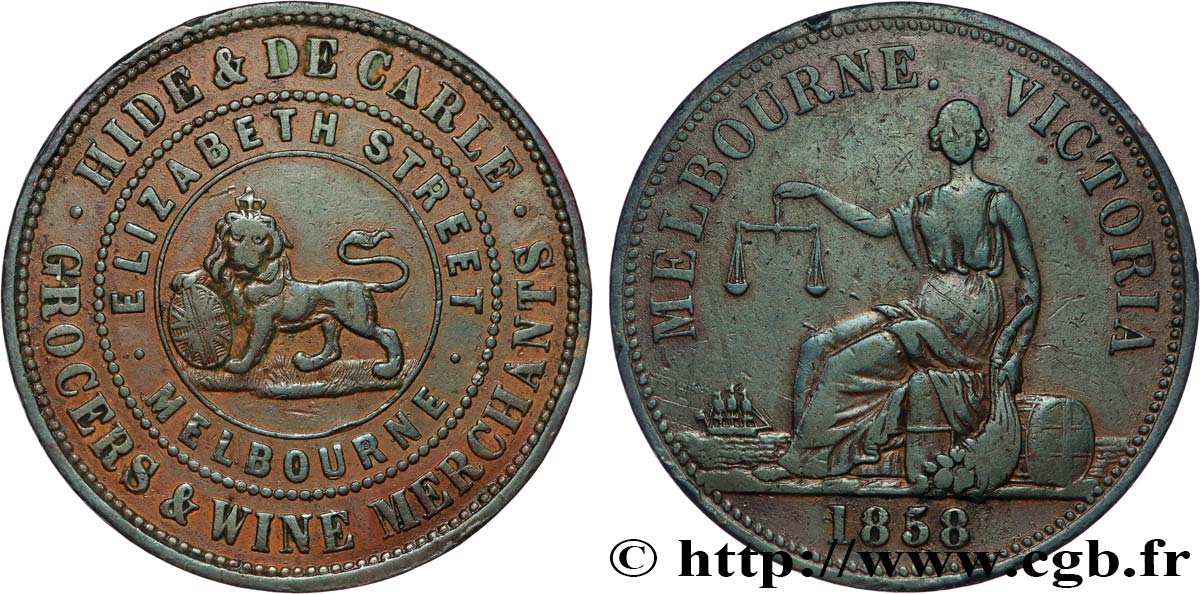 AUSTRALIEN Token de 1 Penny publicitaire pour Hide & De Carle 1858  fSS 