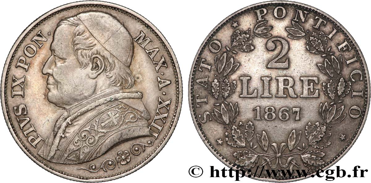 VATICAN ET ÉTATS PONTIFICAUX 2 Lire Pie IX an XXII 1867 Rome TTB 
