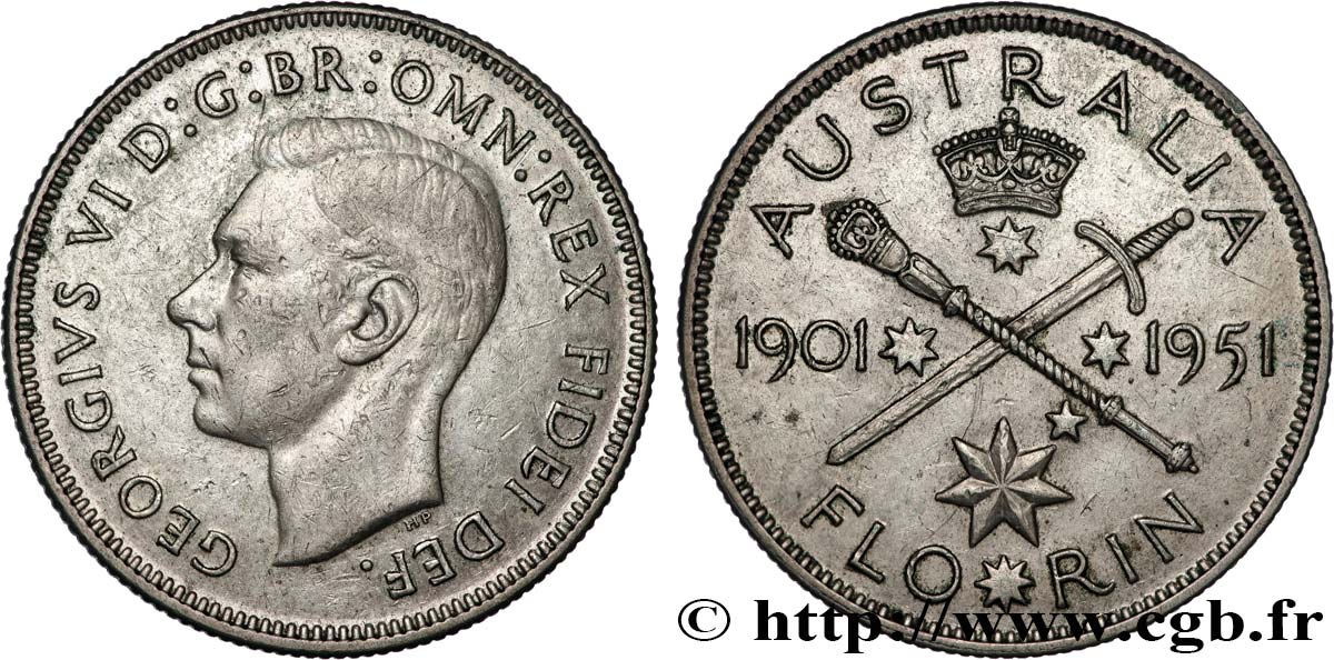 AUSTRALIA 1 Florin Georges VI 50e anniversaire du Commonwealth d’Australie 1951 Melbourne MBC+ 