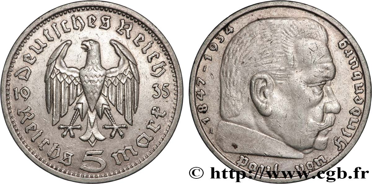 GERMANY 5 Reichsmark Maréchal Paul von Hindenburg 1935 Berlin XF 