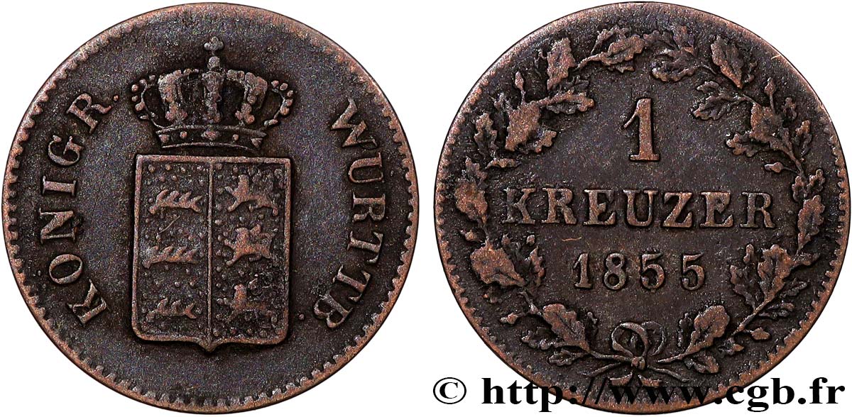ALEMANIA - WURTEMBERG 1 Kreuzer Royaume du Würtemberg 1855 Stuttgart MBC 