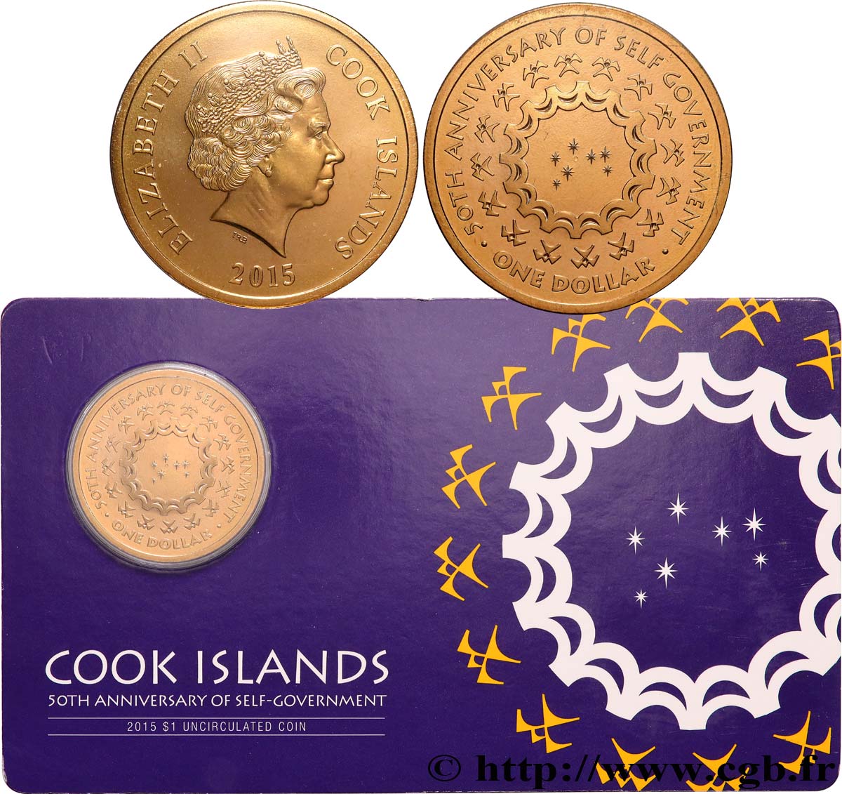 ÎLES COOK  1 Dollar Élisabeth II - 50e anniversaire de l autonomie gouvernementale 2015 Camberra FDC 