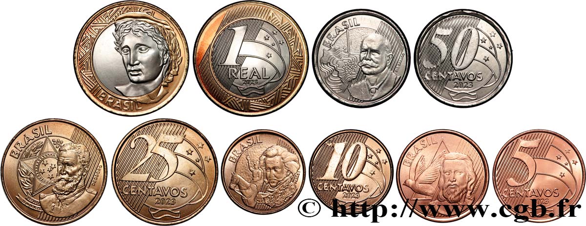 BRAZIL Lot 5 monnaies 5, 10, 25 & 50 Centavos, 1 Real 2023  MS 