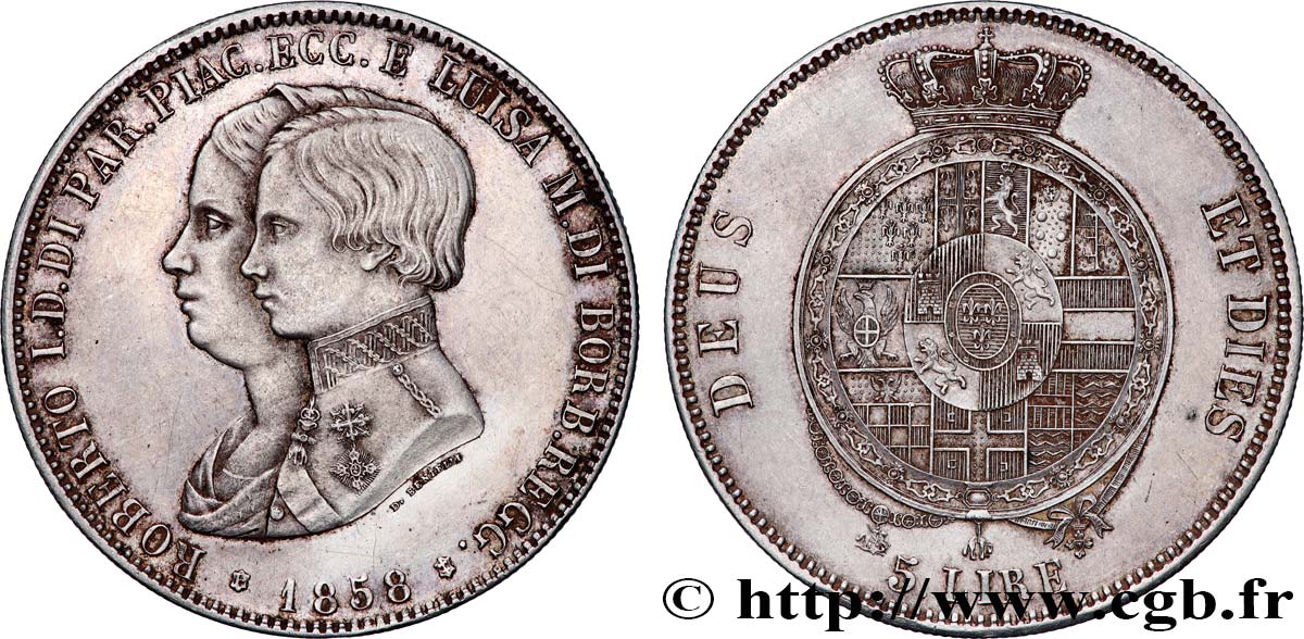 ITALY - DUCHY OF PARMA AND PIACENZA - ROBERT Ist 5 Lire 1858 Milan AU 