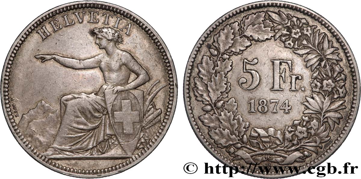 SUISSE 5 Francs Helvetia assise 1874 Berne TTB 