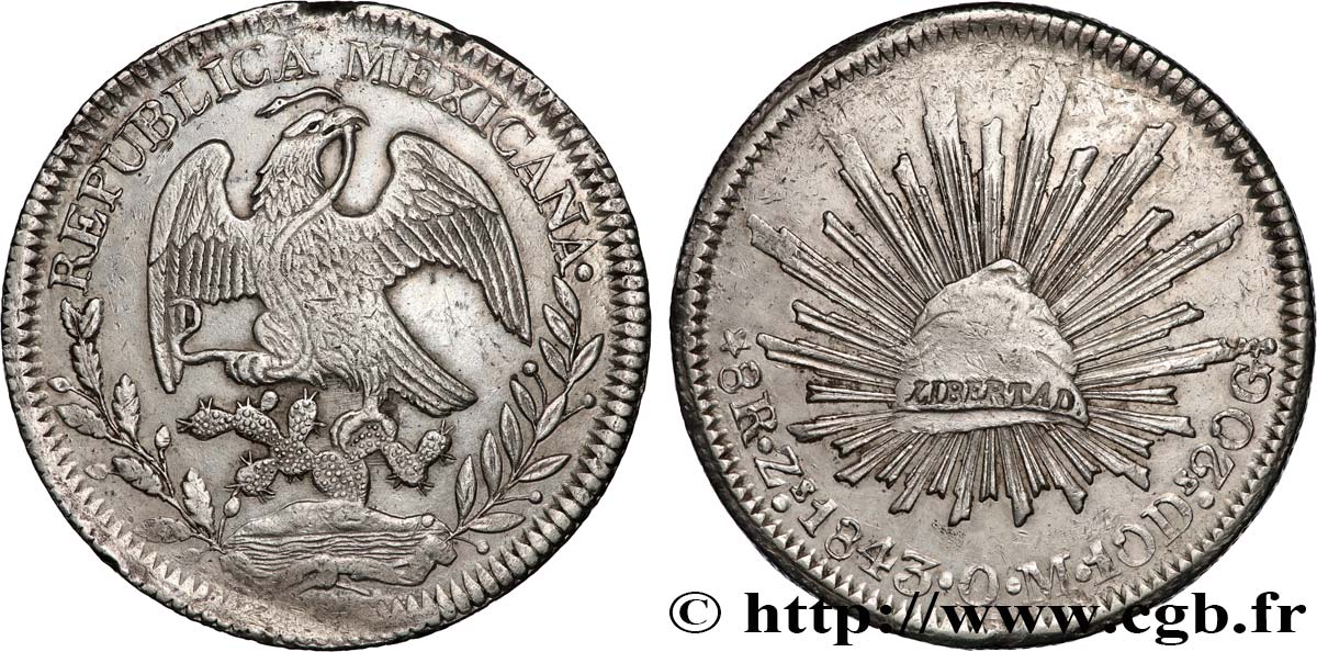 MEXIQUE 8 Reales Aigle / bonnet phrygien sur soleil 1843 Zacatecas - Zs TTB 