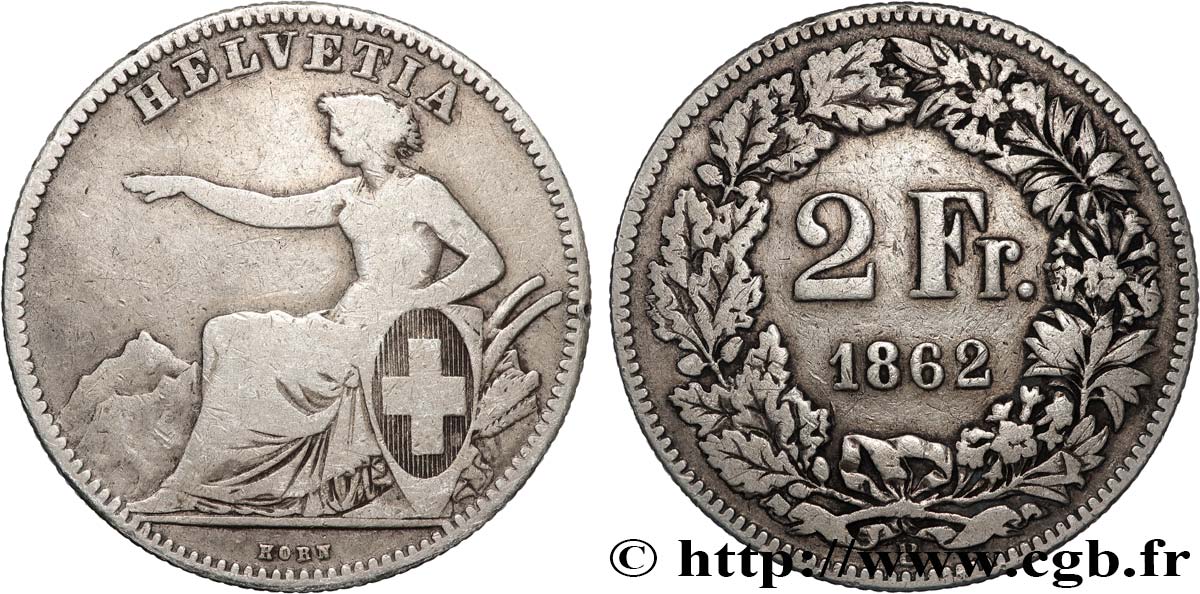 SUISSE 2 Francs Helvetia 1862 Berne TB 