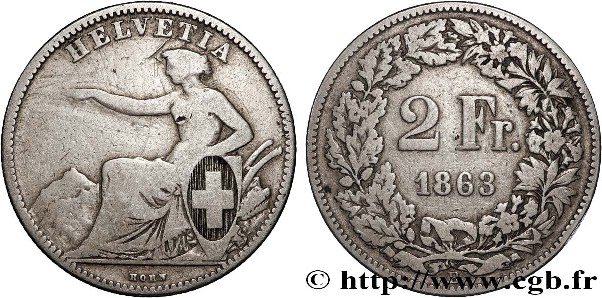 SUISSE 2 Francs Helvetia 1863 Berne TB 