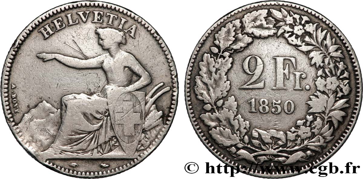 SVIZZERA  2 Francs Helvetia 1850 Paris MB 