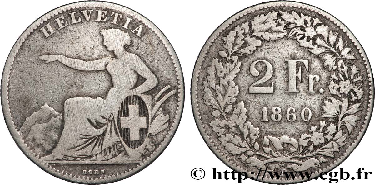 SUIZA 2 Francs Helvetia 1860 Berne BC 