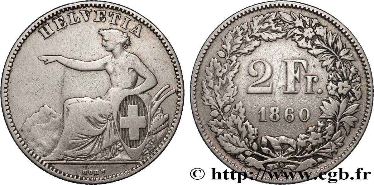 SUISSE 2 Francs Helvetia 1860 Berne TB+ 