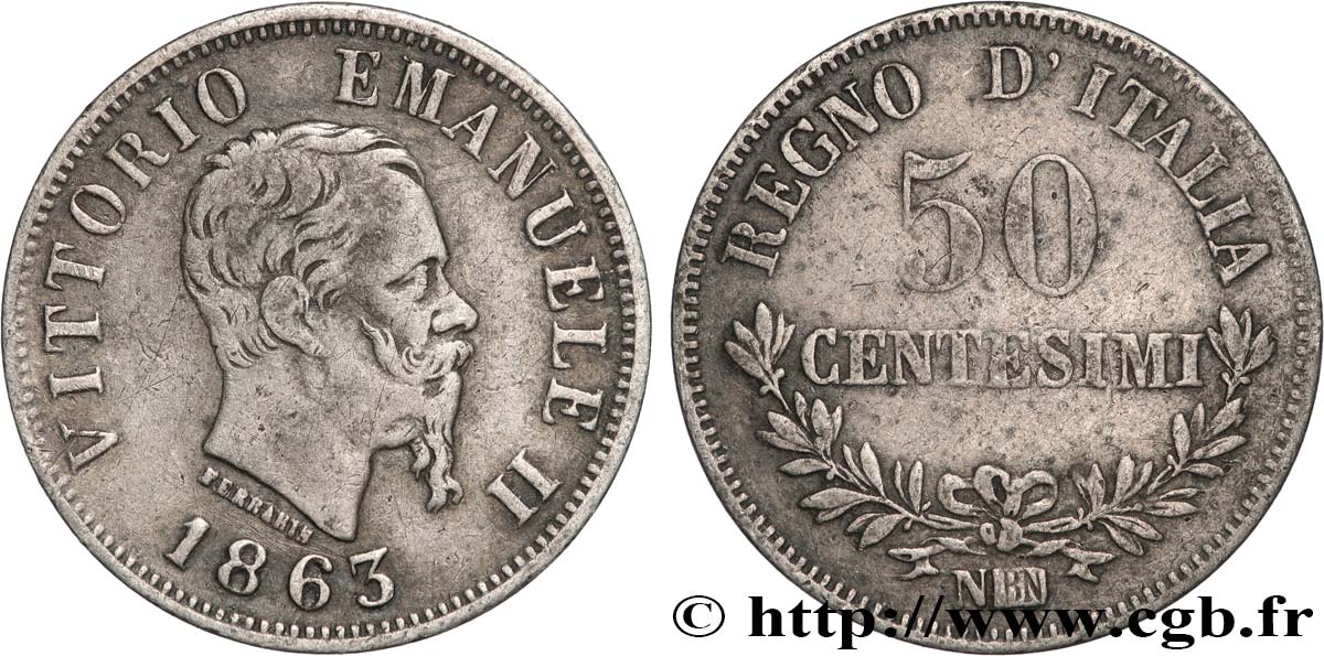 ITALIE 50 Centesimi Victor Emmanuel II 1863 Milan TB+ 
